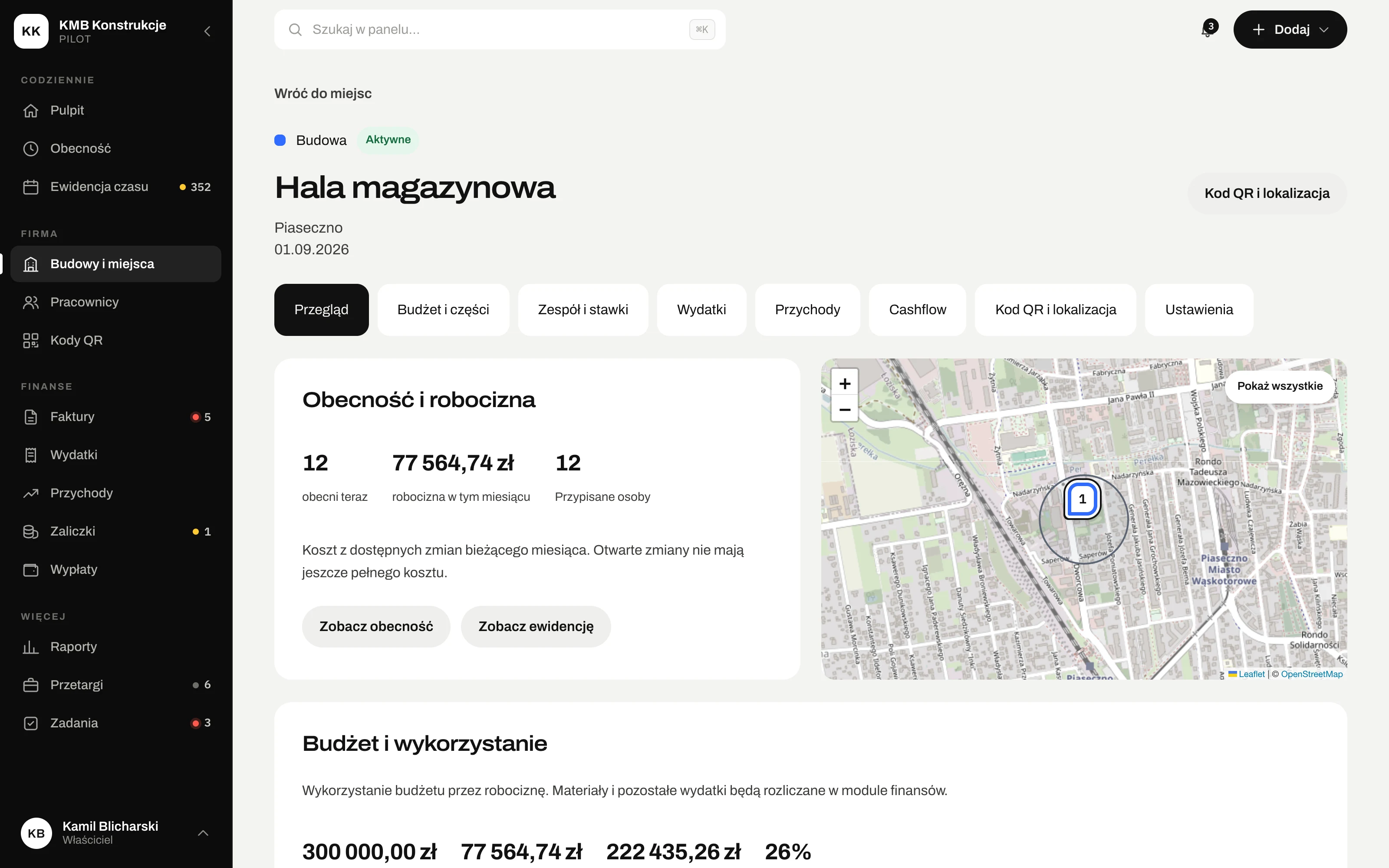 Zrzut ekranu aplikacji: Karta budowy – obecność, robocizna i budżet