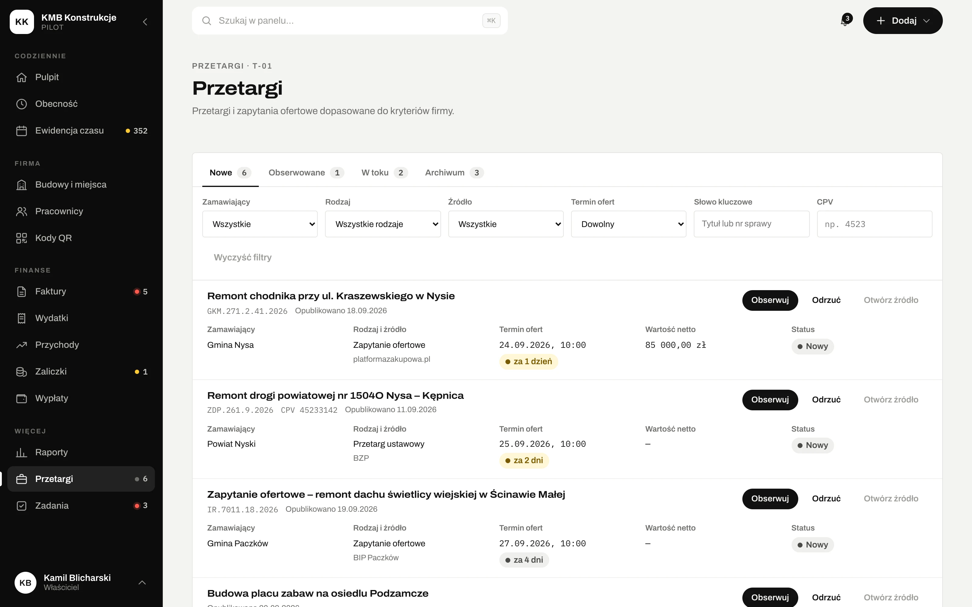 Zrzut ekranu aplikacji: Przetargi – lista ogłoszeń z regionu