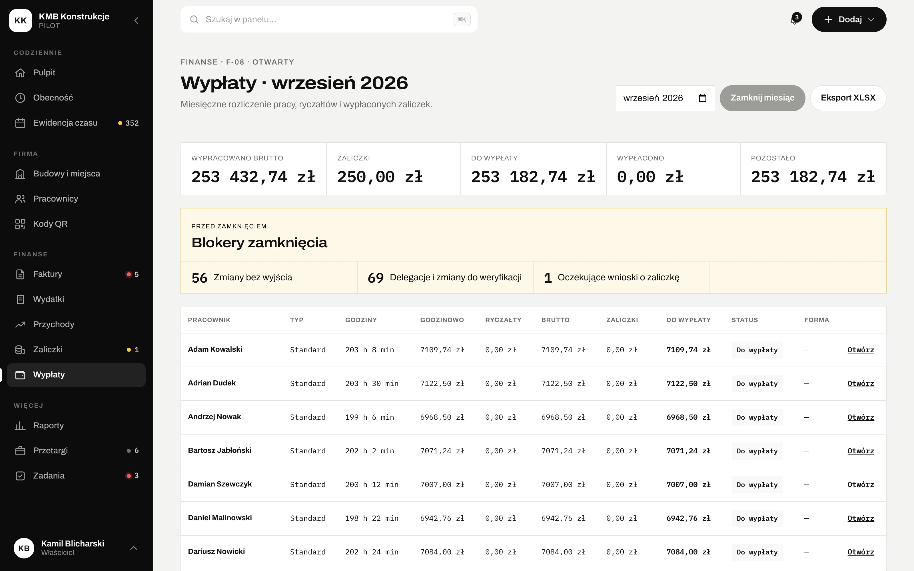 Zrzut ekranu aplikacji: Wypłaty – zestawienie miesiąca