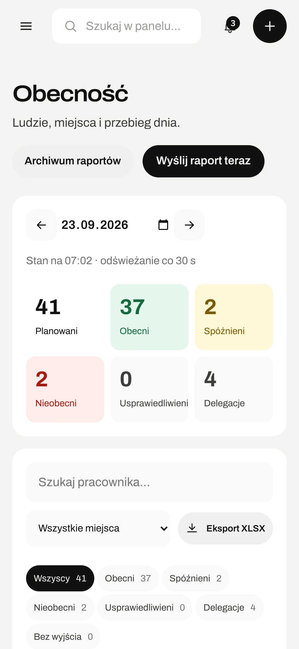 Zrzut ekranu aplikacji: Obecność dziś – podgląd na telefonie