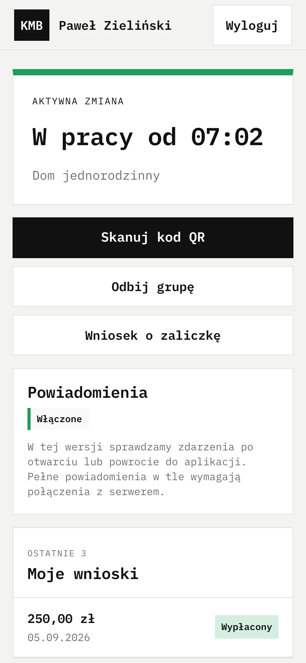 Zrzut ekranu aplikacji: Aplikacja pracownika – aktywna zmiana po skanie kodu QR